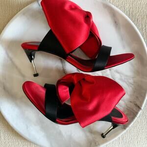 Alexander McQueen Satin Bow Pin Heels Mules Sandals Red Size 37